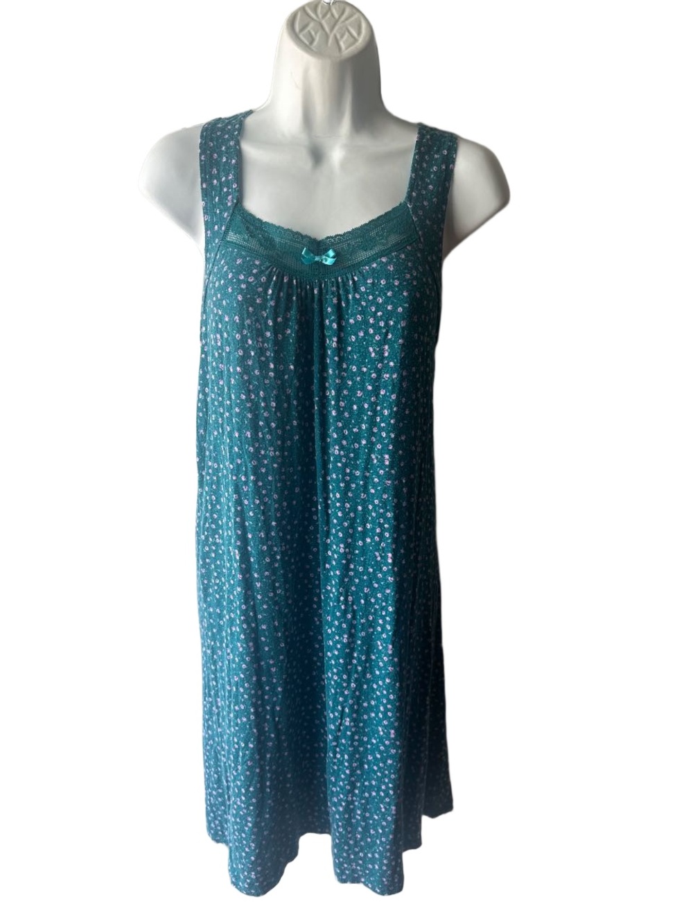 Jockey Teal Floral Cotton Nightgown Sleeveless Lace Trim Square Neck Size S